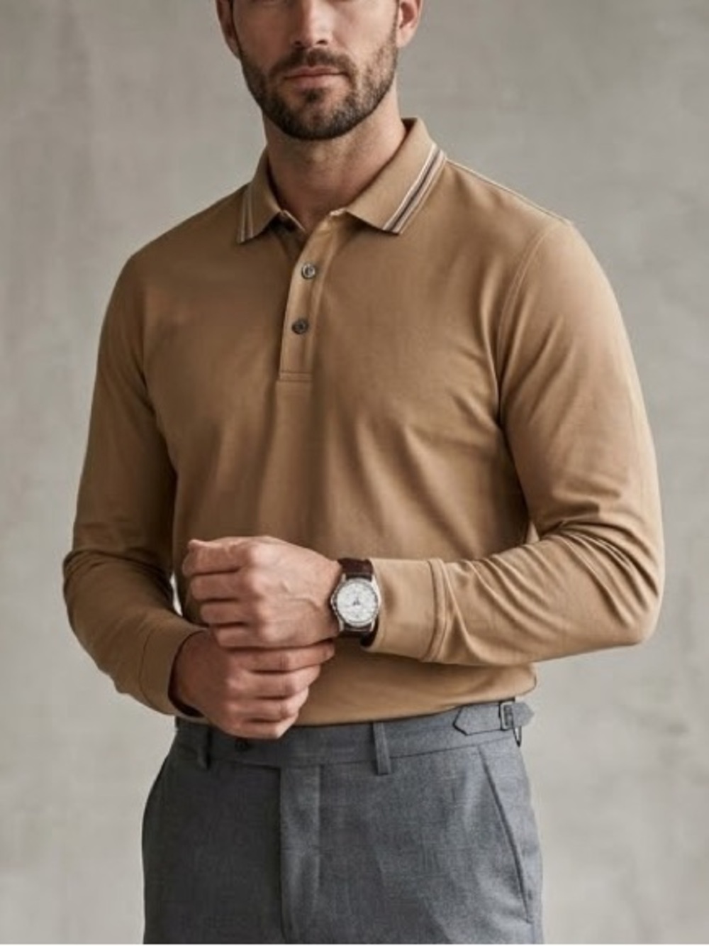 Burberry Polo Shirt Mens XXL Tan Excellent Long Sleeve Striped Collar Designer